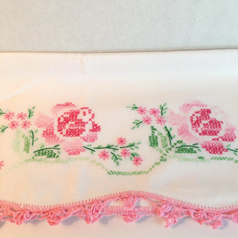 Pair Vintage Cross Stitch Rose Pillowcases